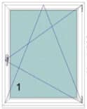 Skizze eines Fenstertypen mit 1-flügeligem Dreh-Kipp-Fenster aus weißem Kunststoff mit Anschlag rechts.