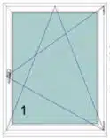Skizze eines Fenstertypen mit 1-flügeligem Dreh-Kipp-Fenster aus weißem Kunststoff mit Anschlag rechts.
