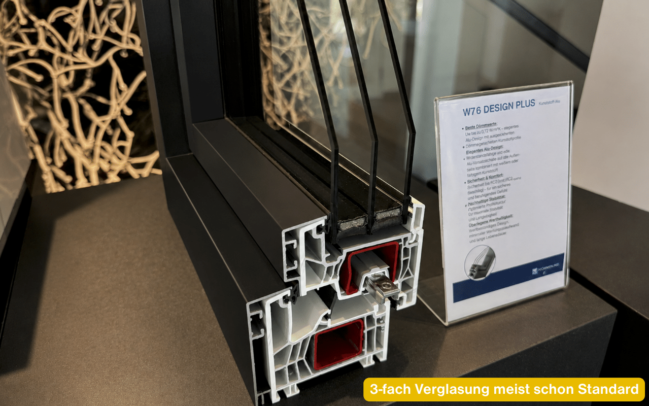 3-fach Verglasung meist schon Standard bei modernem Fensterprofil mit drei Glasscheiben für hohen Wärmeschutz