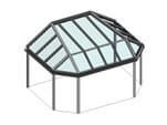 Pultdachwintergarten mit Solarknick, seitlicher Abwalmung und abgeschrägten Rinnenecken für optimales Wintergartendach.