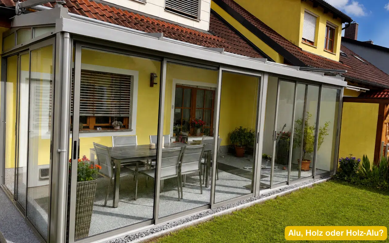 Ein Wintergarten mit silberfarbenen Aluminiumprofilen und großen Glasschiebetüren schließt direkt an ein gelbes Einfamilienhaus an. Im Inneren stehen ein Esstisch mit Stühlen sowie mehrere Pflanzen. Vor dem Wintergarten befindet sich eine gepflegte Rasenfläche.
