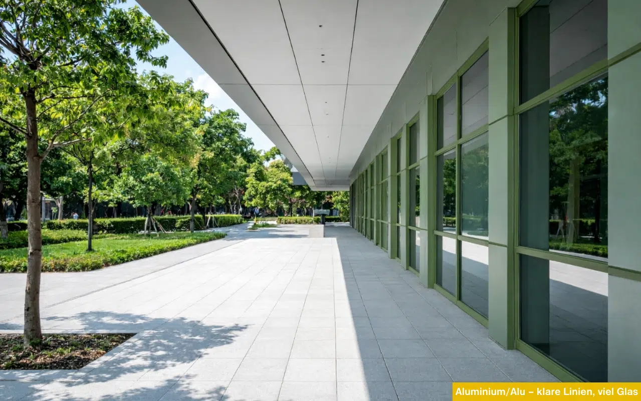 Moderne Glasfassade mit blassgrünen Aluminiumprofilen entlang eines gepflasterten Gehwegs und einer Parkanlage.