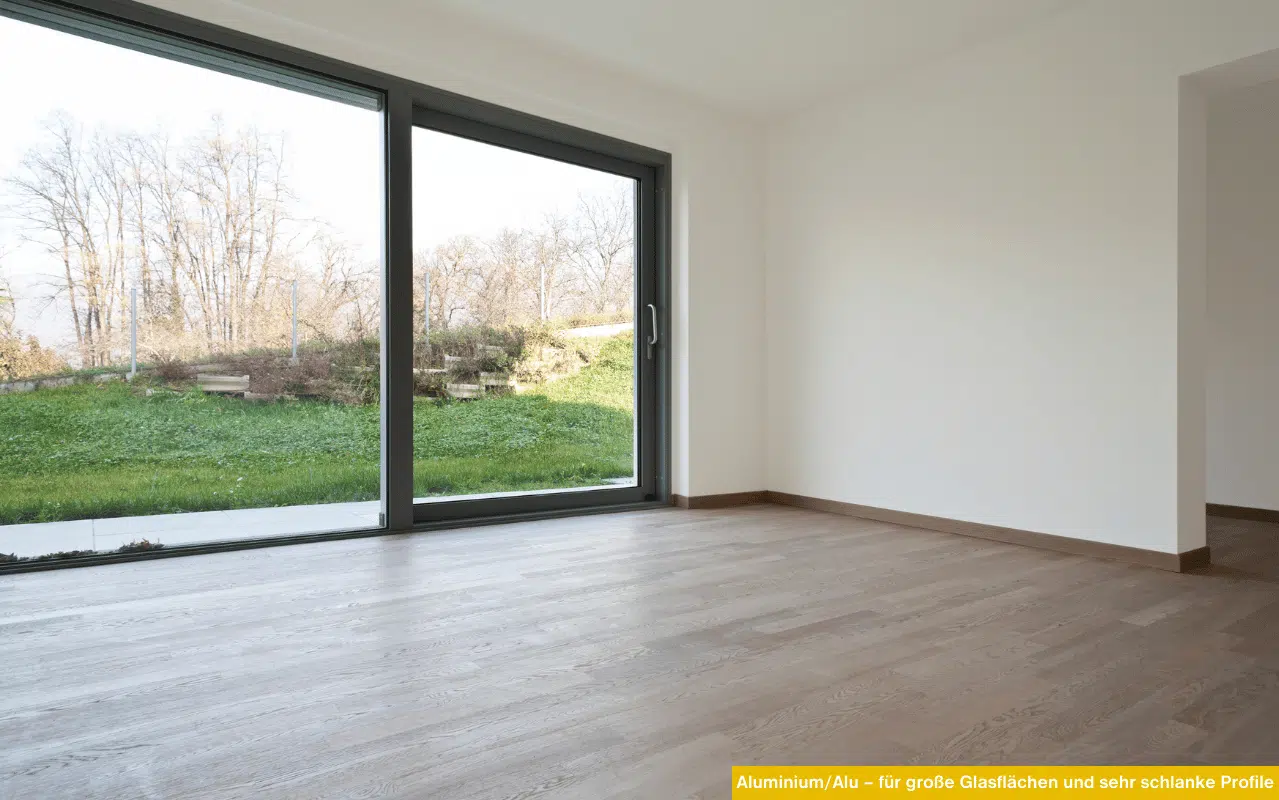 Aluminium Alu für große Glasflächen und sehr schlanke Profile mit bodentiefen Fenstern und moderner Raumwirkung