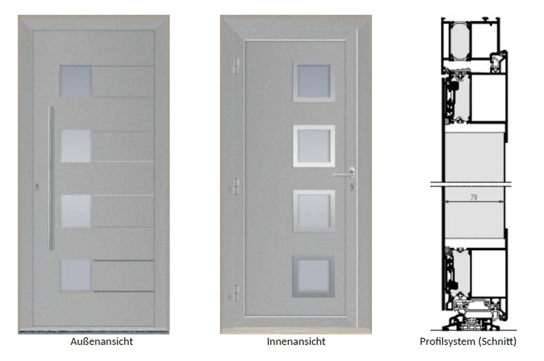 Aluminium-Eingangstüre mit 4 Glasfeldern - Farbe in RAL 9006 Weißaluminium