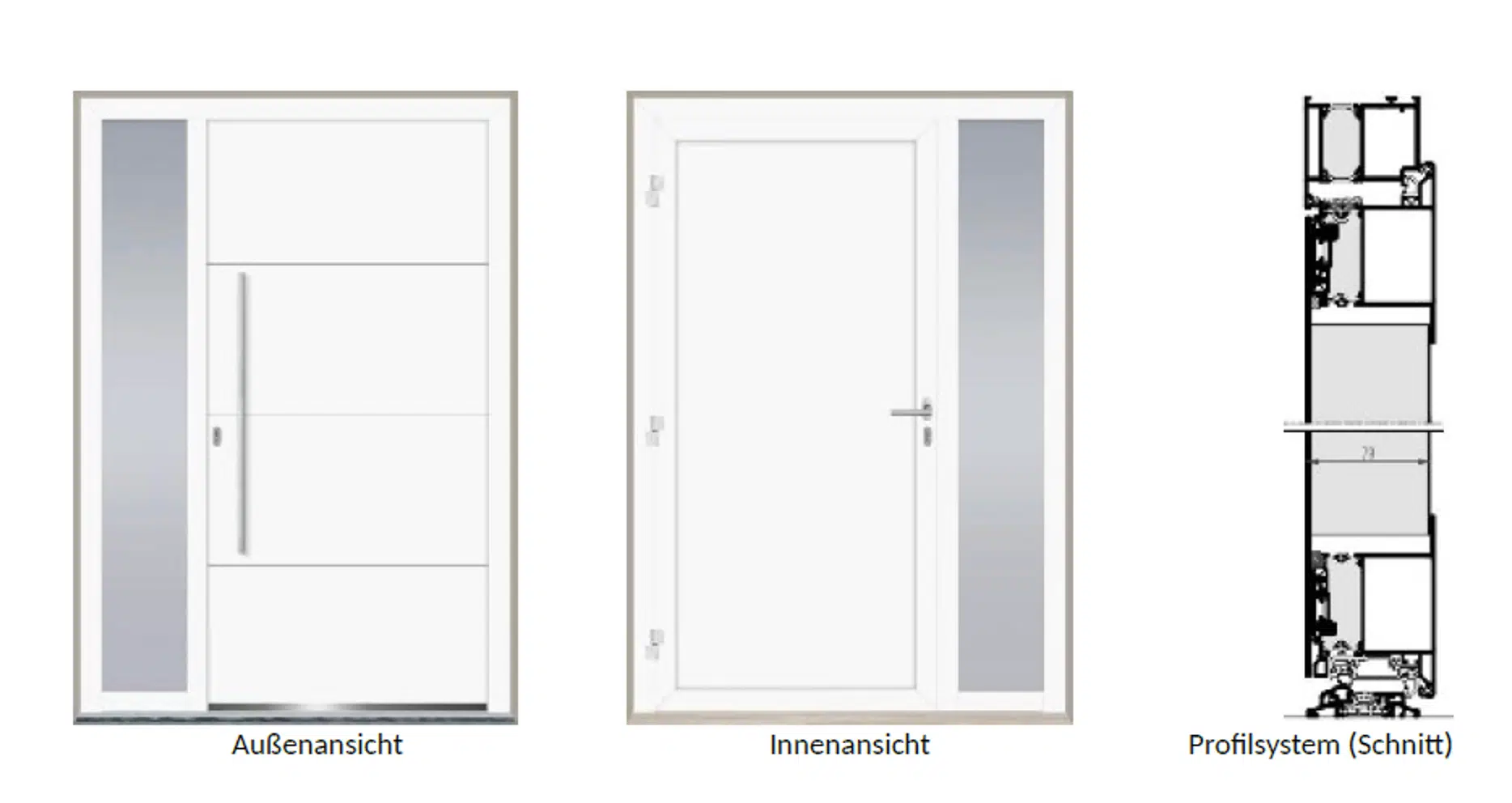 Aluminium-Haustüre geschlossen mit einem fixen Seitenteil mit satiniertem Glas