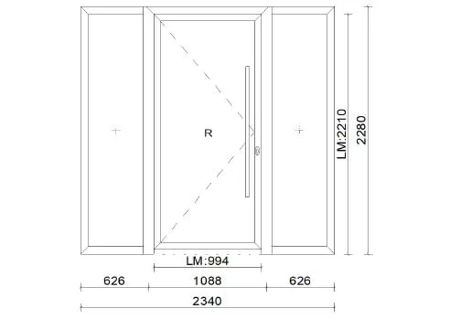 Planungsbeispiel Aluminium-Türe 3-teilig mit links und rechts Seitenteil - Mass: 2340 x 2280 mm