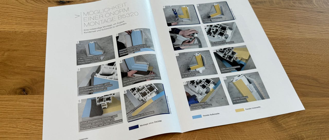 Anleitung für den Einbau von Fenstern im Altbau gemäß ÖNORM. Materialien und Einbausituationen variieren, Planung durch Fachmann empfohlen.