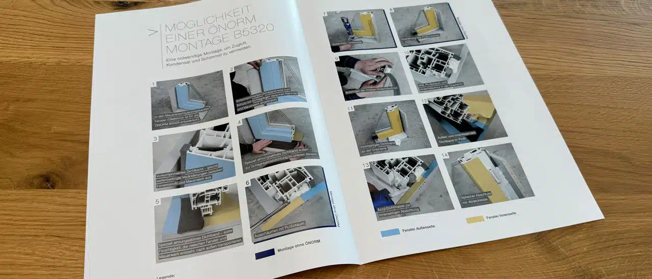 Anleitung für den Einbau von Fenstern im Altbau gemäß ÖNORM. Materialien und Einbausituationen variieren, Planung durch Fachmann empfohlen.