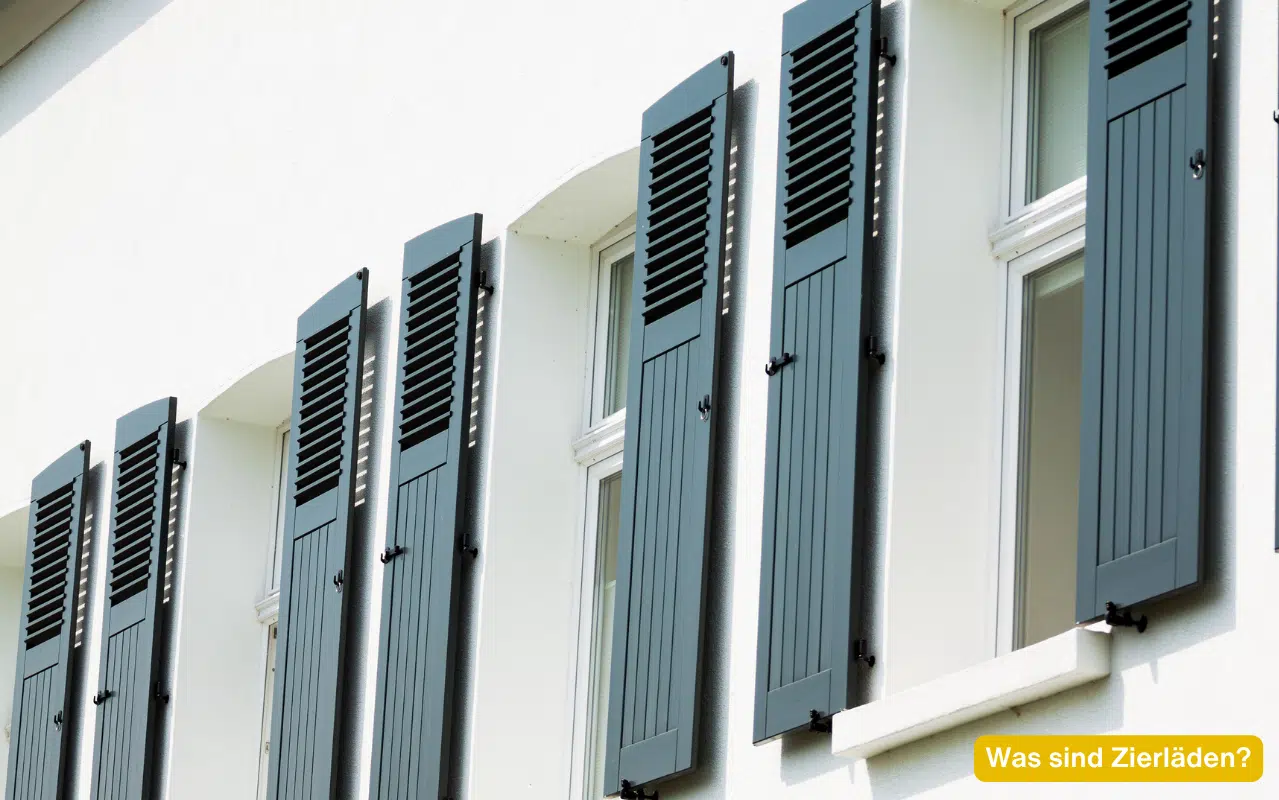 Ansicht einer weißen Fassade mit dunklen Fensterläden zur Erklärung: Was sind Zierläden? Rein optische Fassadengestaltung.
