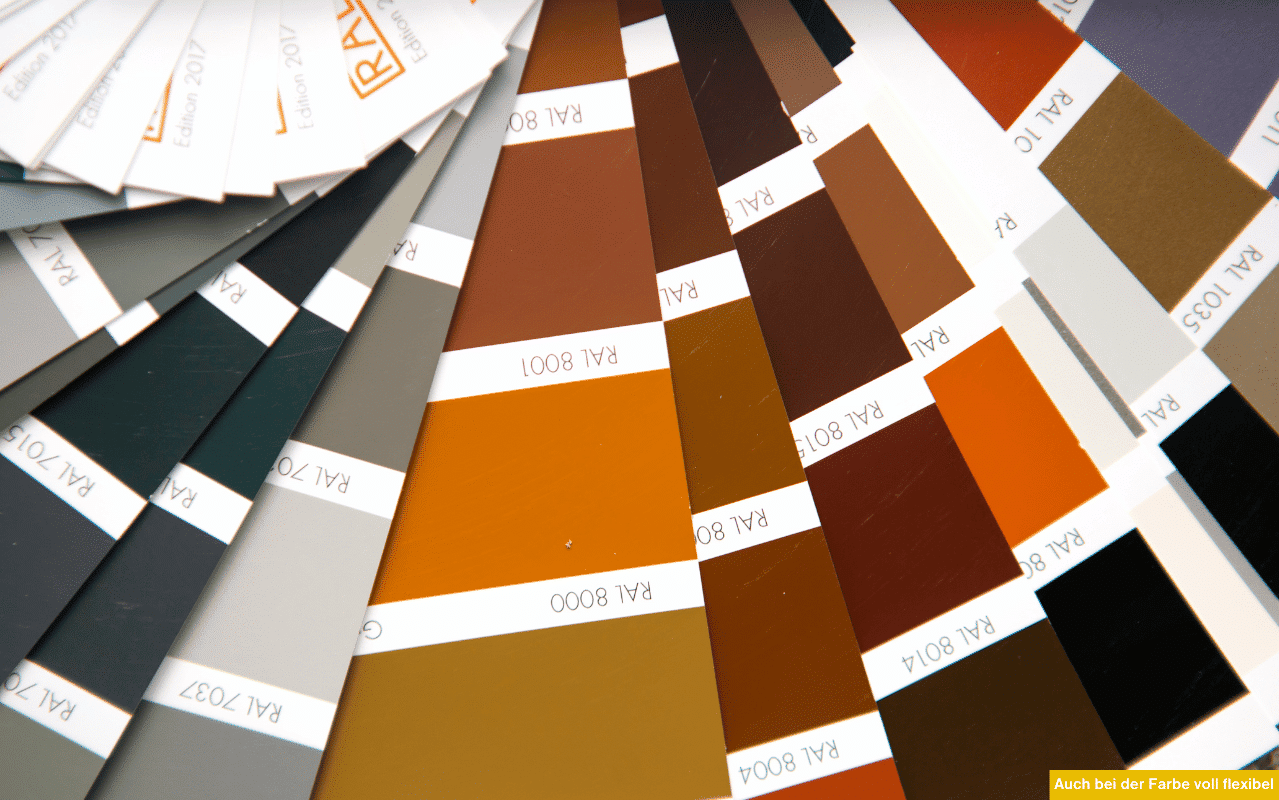 Auch bei der Farbe voll flexibel - RAL-Farbfächer mit Grau-, Braun- und Orangetönen für individuelle Beschichtung.