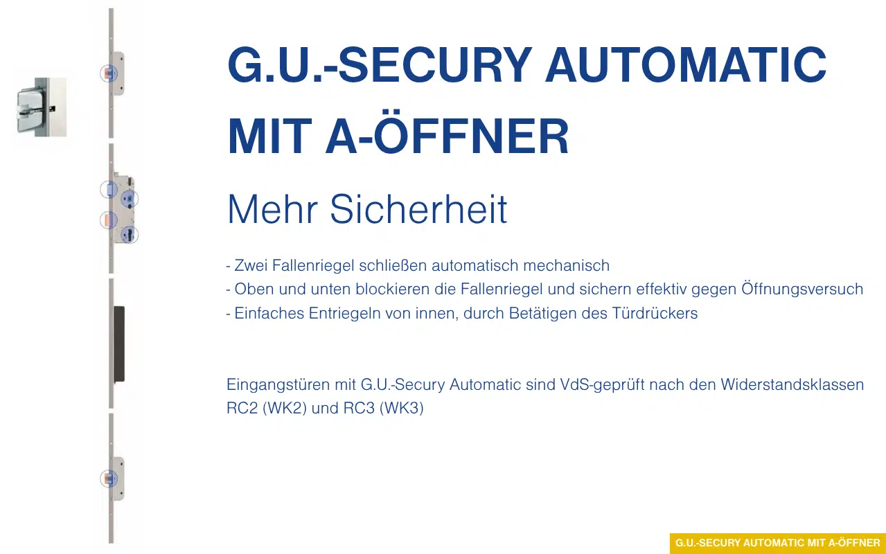 Automatische Tür-Verriegelung G.U.-Secury Automatic mit A-Öffner verriegelt mechanisch und schützt zuverlässig vor unbefugtem Zutritt.