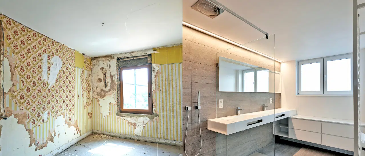 Badezimmer samt Fenster - vorher und nachher