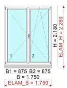 Balkontüren Berechnungsbeispiele aus der Praxis mit Skizze einer 2-flügeligen Balkontür 1750x2180 mm, Kunststoff-Alu, Anthrazit.