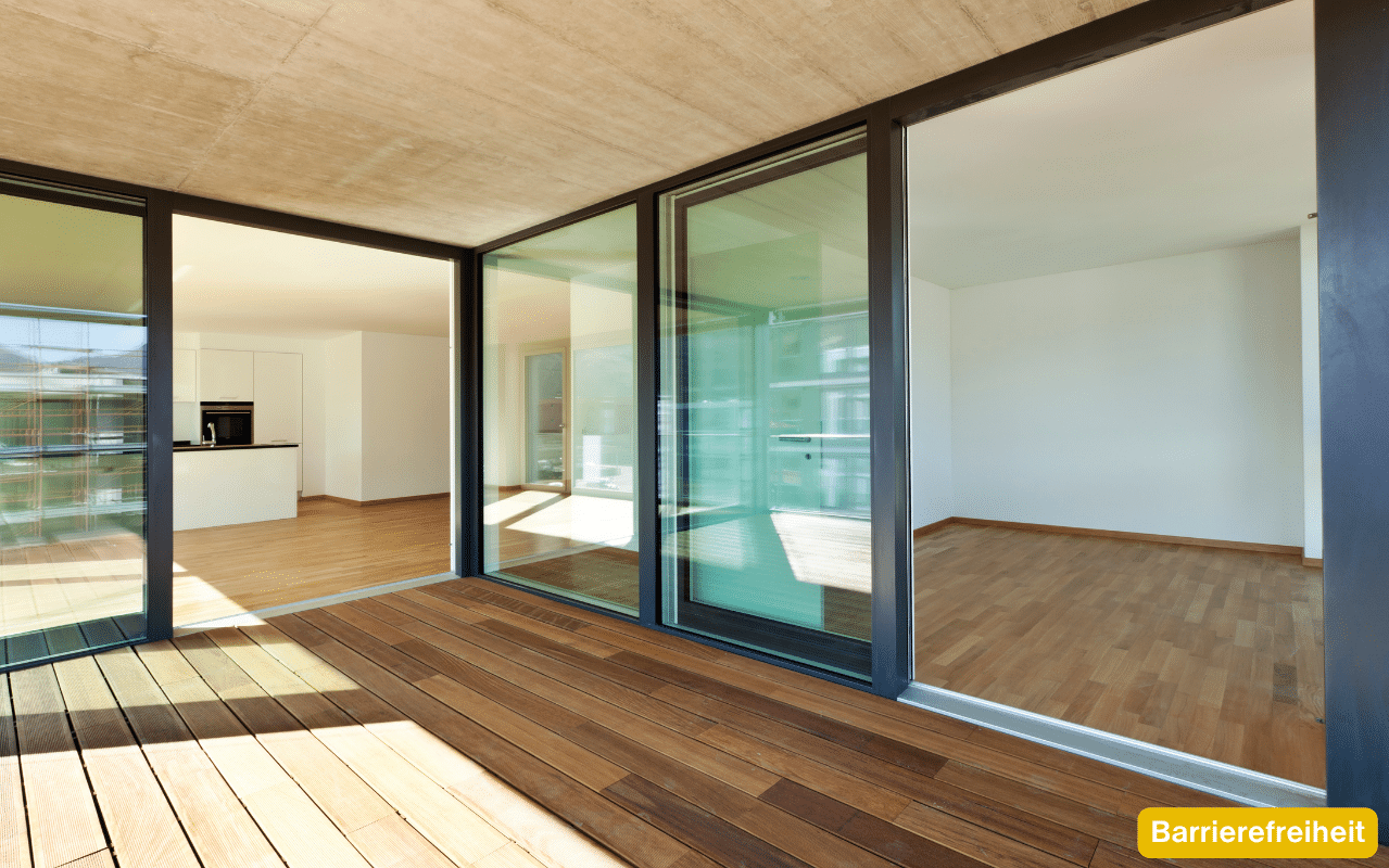 Barrierefreiheit - Beispiel Hebeschiebetüre mit fast bündiger Schwelle zwischen Terrasse und Wohnraum