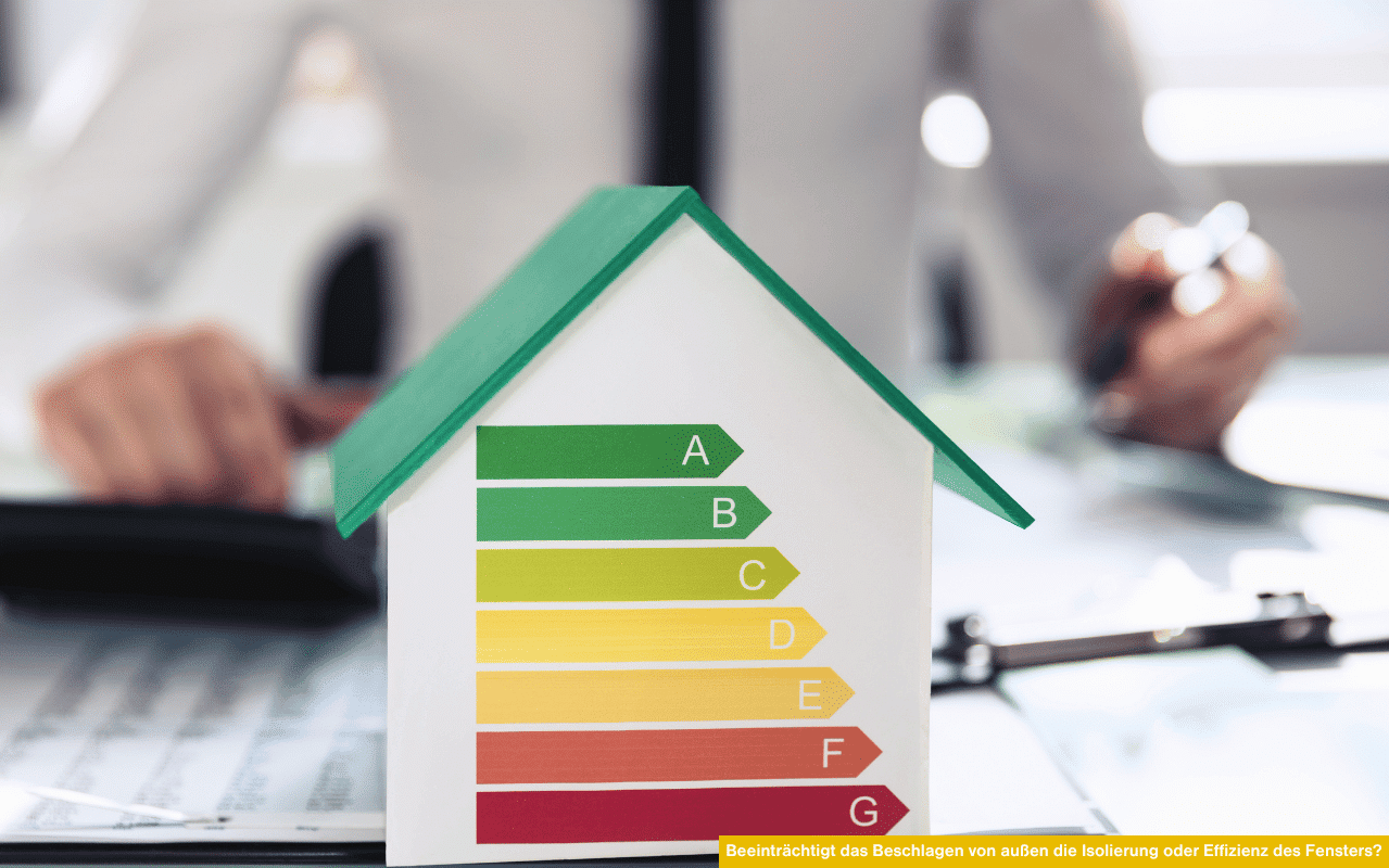 Das Bild zeigt ein kleines Modellhaus mit farbigen Energieeffizienzklassen von A bis G. Im Hintergrund sitzt eine Person an einem Schreibtisch mit Unterlagen. Das Motiv symbolisiert Energieeinsparung und Wärmedämmung bei Fenstern.