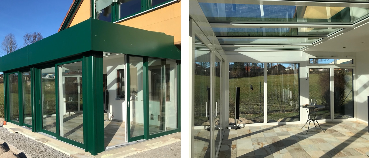 Gestaltungstipps für Wintergarten: Zweifarbiger Wintergarten mit moosgrüner Außenfarbe (RAL 6005) und verkehrsweißer Innenfarbe (RAL 9016)