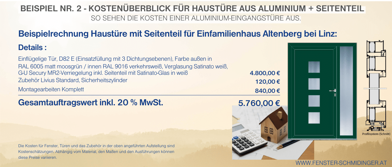 Beispiel Nr. 2 - Kostenüberblick für Aluminium-Haustür mit Seitenteil. Beispielrechnung für Einfamilienhaus in Altenberg bei Linz, damit Sie das richtige Haustürmaterial finden.