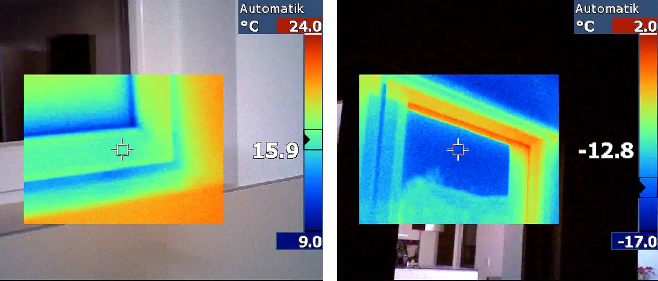 Beispielbilder eines Einsatzes mit einer Wärmebildkamera mit Aufnahmen vom Innen- und Außenbereich, damit undichte Fenster entlarvt werden können.
