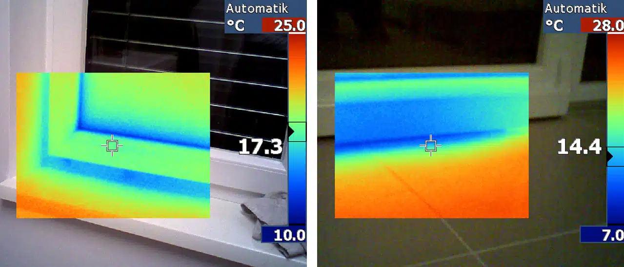 Beispiele für Wärmebildkamera im Einsatz, damit man undichte Stellen am Fenster und Türen ermitteln kann.