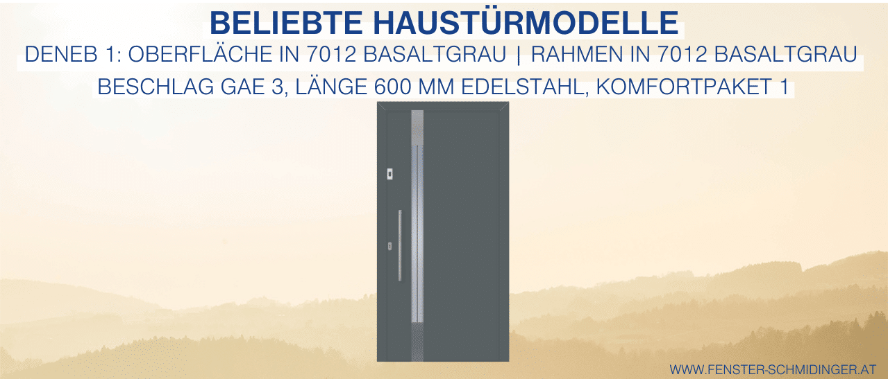 Beliebte Modelle im Haustürenkonfigurator - Moderne Deneb 1 Tür in Basaltgrau, mit Sandstrahlmotiv im Glas, Edelstahlgriff GAE 3 und Fingerscan.
