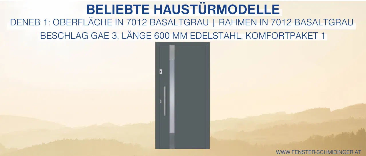 Moderne Deneb 1 Tür in Basaltgrau, mit Sandstrahlmotiv im Glas, Edelstahlgriff GAE 3 und Fingerscan.