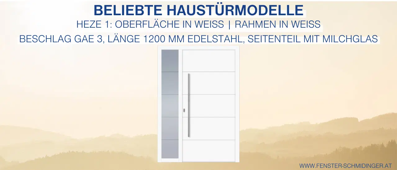 "Infografik: Heze 1 Tür in Verkehrsweiß RAL 9016, mit Seitenteil und Sandstrahlmotiv, Edelstahlgriff GAE 3, 1200mm.