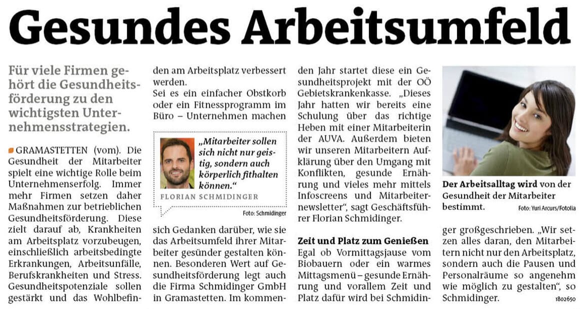 Zeitungsartikel über die Gesundheit der Mitarbeiter bei Fenster-Schmidinger mit Porträtfoto von Florian Schmidinger.
