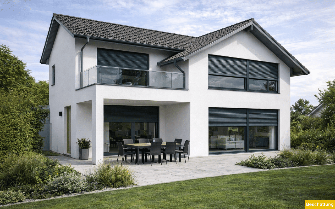 Beschattung für Fenster in RAL 7026 Granitgrau mit Raffstores und Rollläden an modernem Einfamilienhaus.