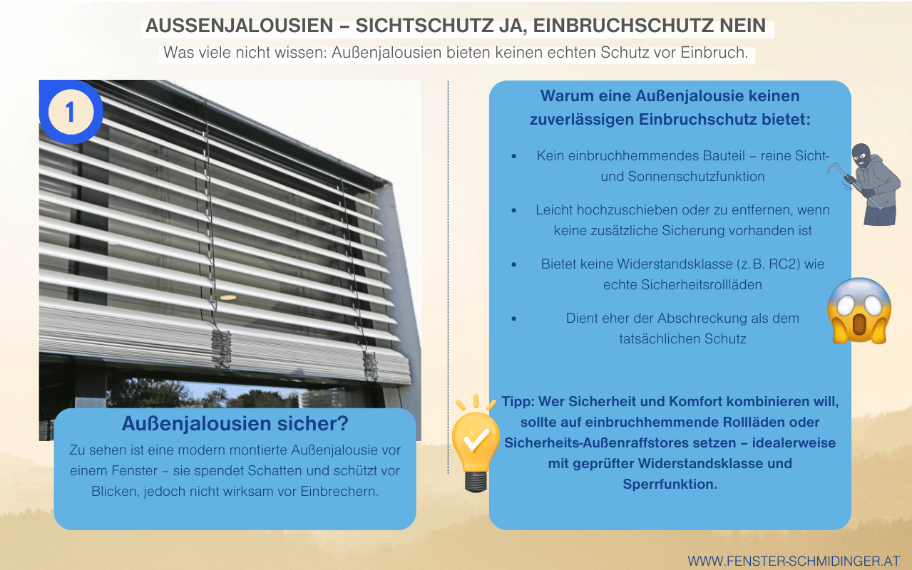 Außenjalousien bieten nur wenig Schutz vor Einbruch, sie dienen vor allem als Sicht- und Sonnenschutz.