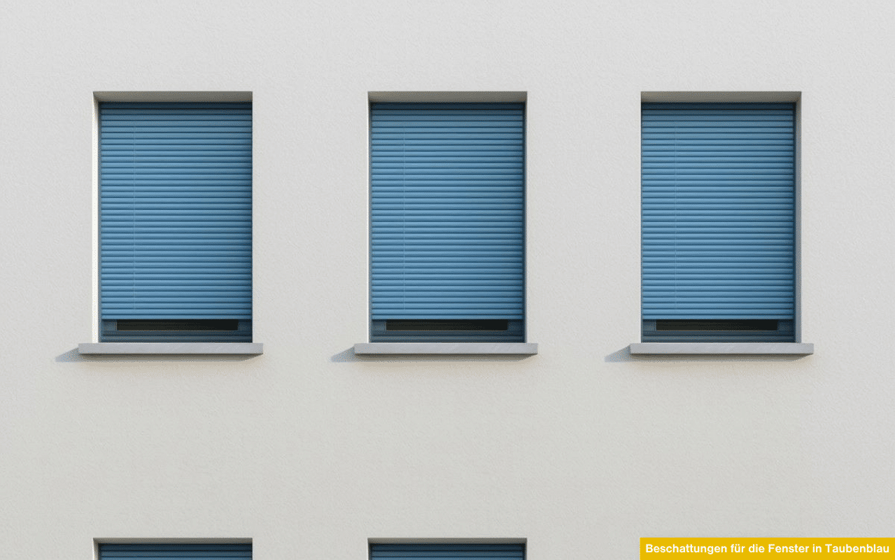 Beschattungen für die Fenster in Taubenblau schützen vor sommerlicher Hitze. Rollläden, Raffstore oder Senkrechtmarkisen lassen sich dabei farblich an Fenster und Fassade anpassen.