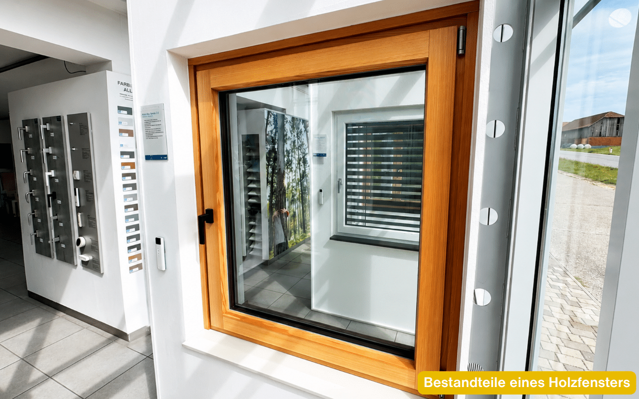 Bestandteile eines Holzfensters an einem Ausstellungsfenster mit Rahmen, Glas, Dichtungen und Beschlägen
