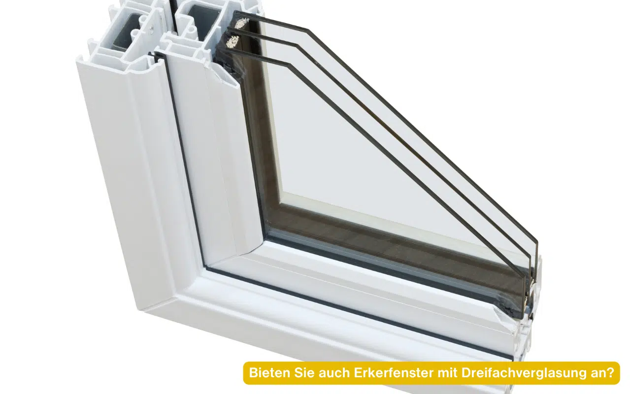 Bieten Sie auch Erkerfenster mit Dreifachverglasung an? Fensterprofil Querschnitt mit effizientem 3-fach Isolierglas.