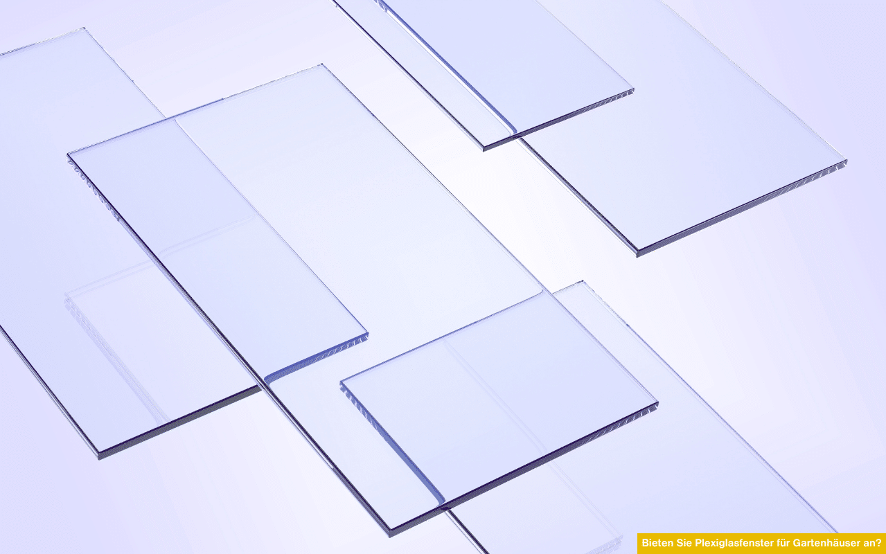 Bieten Sie Plexiglasfenster für Gartenhäuser an? Verschiedene Plexiglasplatten in diversen Größen und Stärken dargestellt.