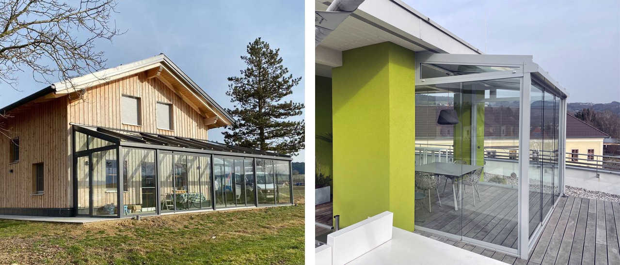 Links: Wintergarten mit Isolierung, rechts: Sommergarten als Windschutz und zur Sommerverlängerung.