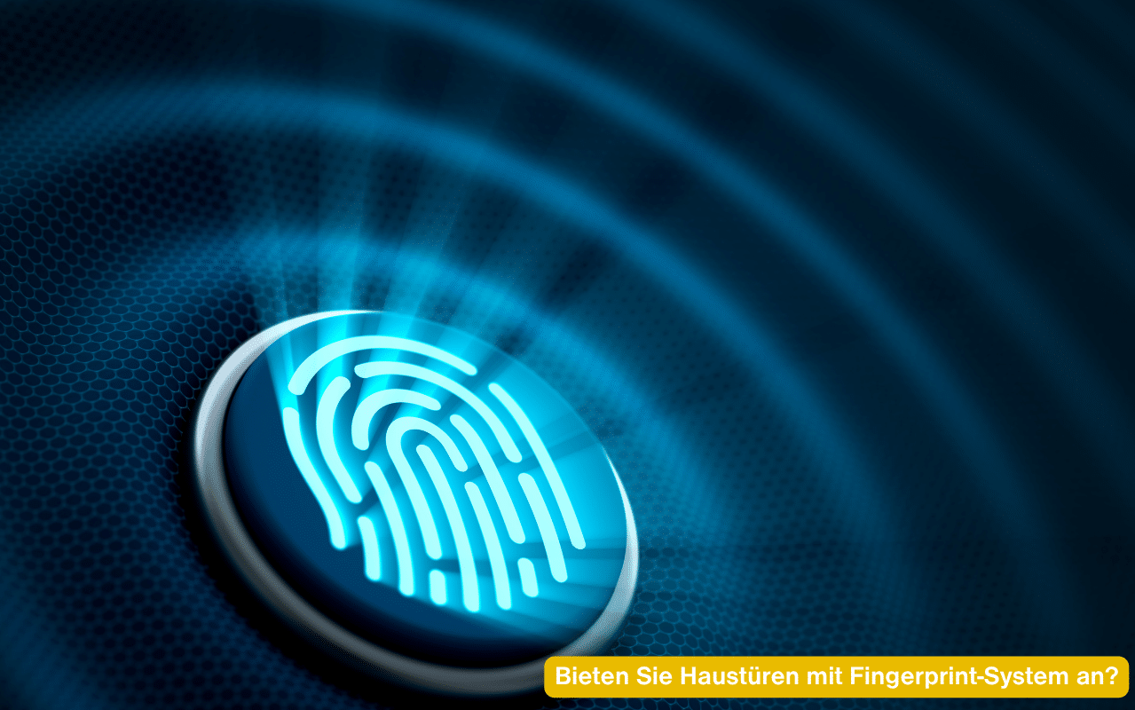 Blau leuchtender Fingerscanner auf dunkler Struktur. Bieten Sie Haustüren mit Fingerprint-System an?