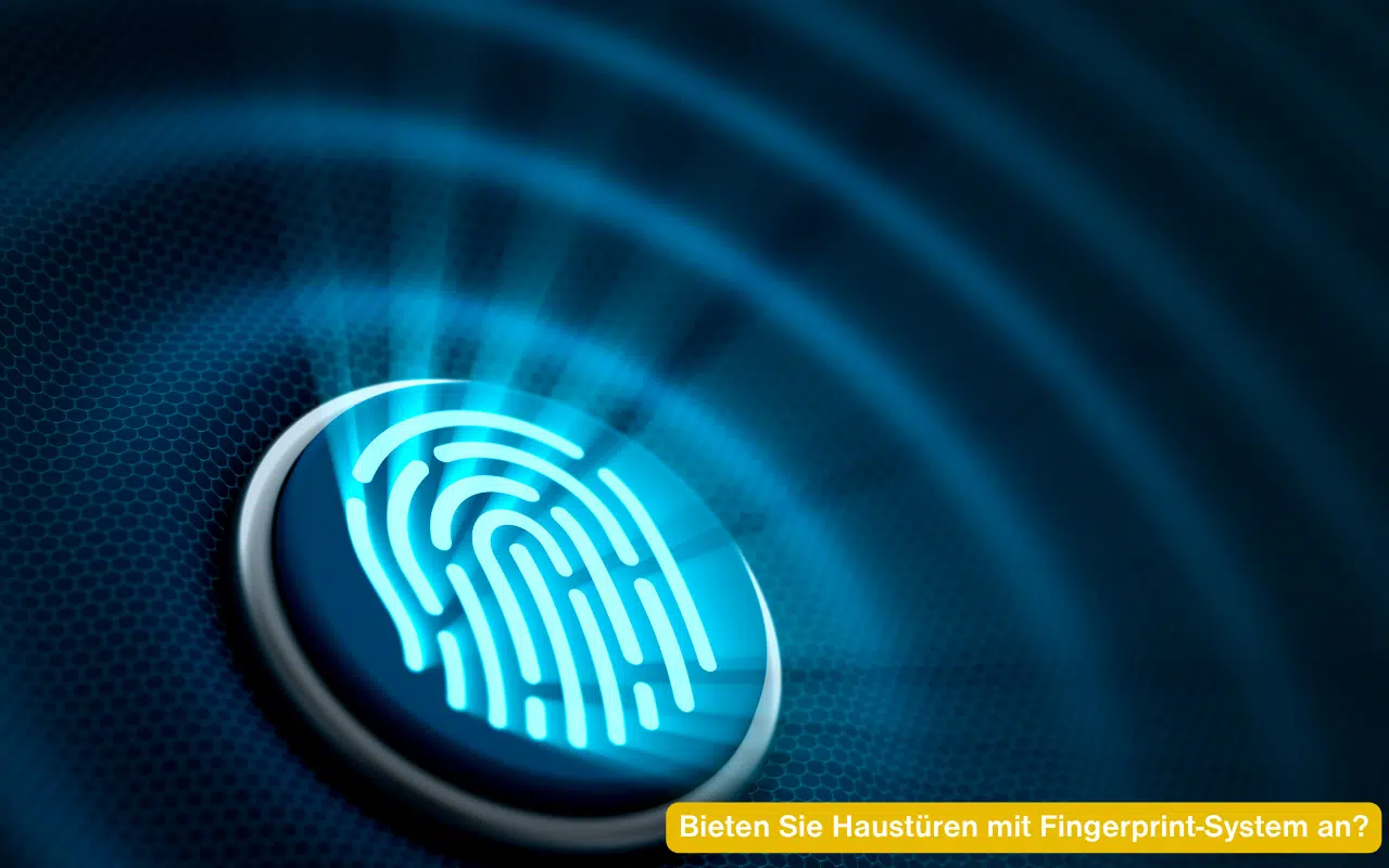 Blau leuchtender Fingerscanner auf dunkler Struktur. Bieten Sie Haustüren mit Fingerprint-System an?