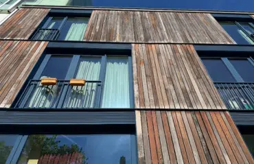 Blaue Fenster mit dunklen Rahmen als architektonischer Akzent an einer modernen Holzfassade mit französischem Balkon