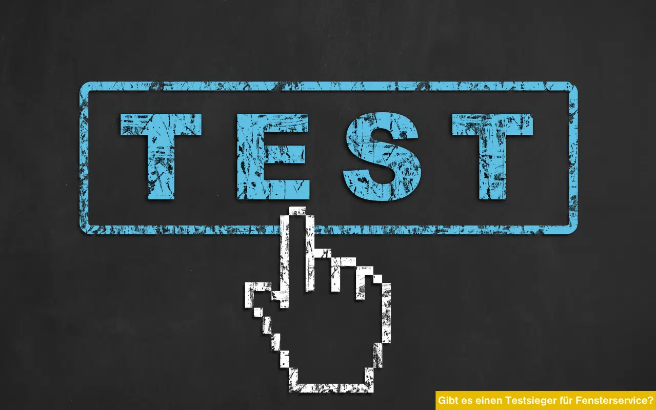 Blaues Feld mit Aufschrift Test und Pixel-Hand-Cursor. Gibt es einen Testsieger für Fensterservice? Online-Bewertungen.