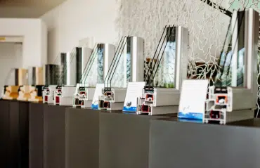 Ausstellung verschiedener Fensterprofile im Querschnitt zur Demonstration von Blendrahmen-Tiefen und Mehrkammersystemen