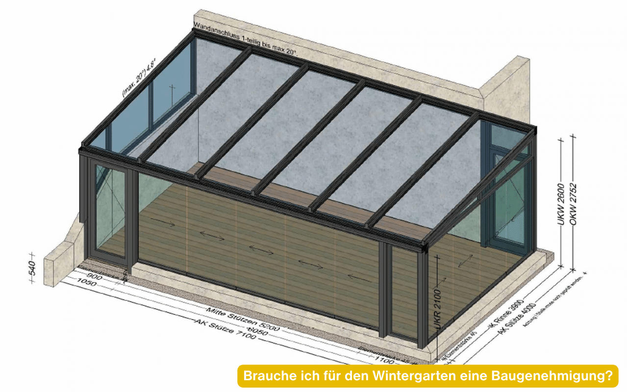 Brauche ich für den Wintergarten eine Baugenehmigung? Planungsskizze eines Wintergartens mit 28 m²