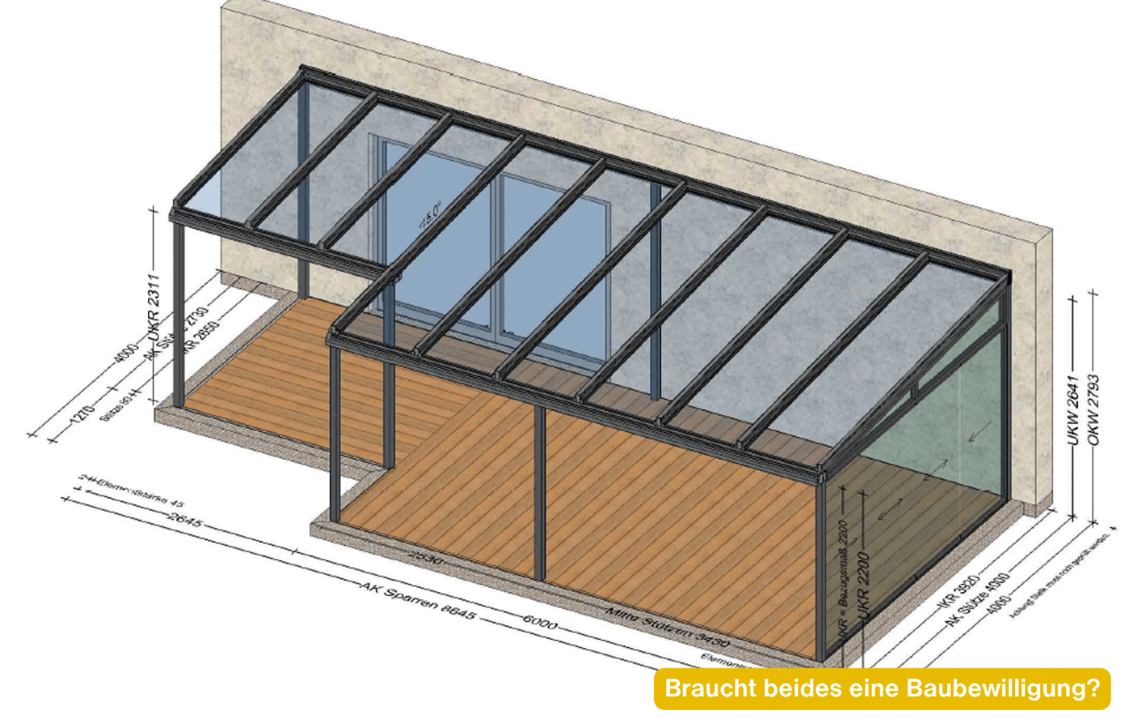 Braucht beides eine Baubewilligung? Planungsskizze eines Terrassendachs mit Glas und Maßen