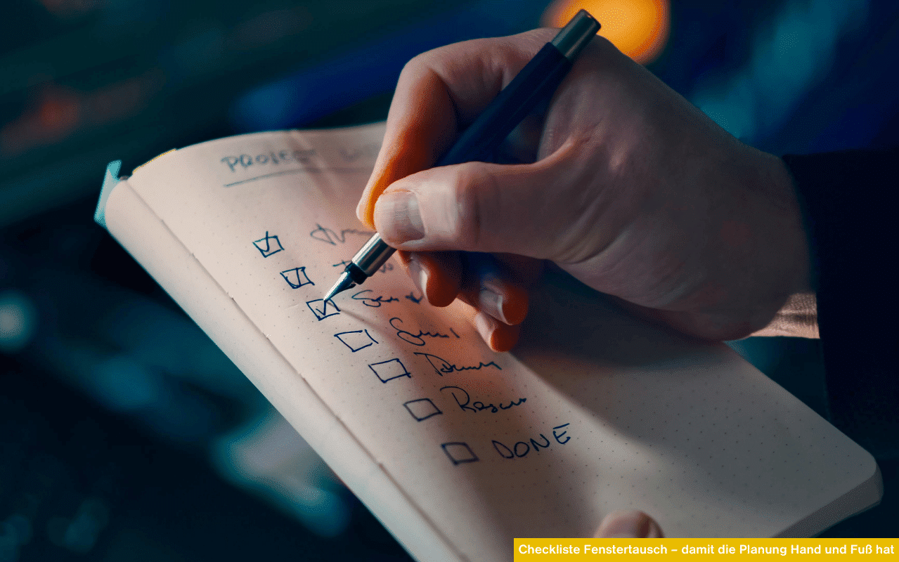 Checkliste Fenstertausch mit Hand und Notizbuch zur Planung von Material, Glas, Montage und Beschattung beim Fenstertausch.