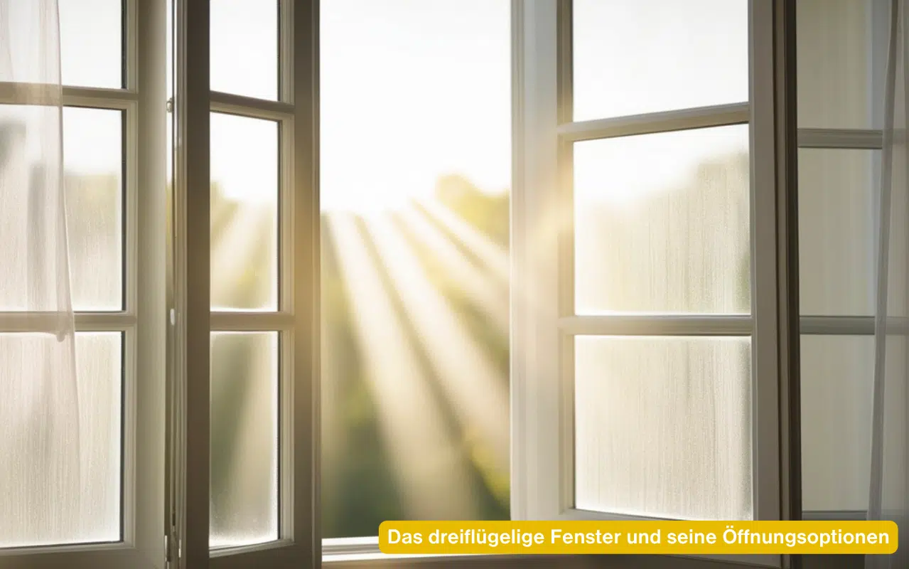 Das dreiflügelige Fenster und seine Öffnungsoptionen in einem hellen lichtdurchfluteten Raum mit Sonnenstrahlen