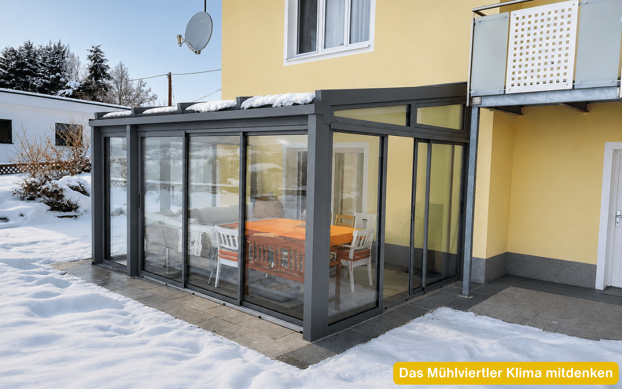 Das Mühlviertler Klima mitdenken Wintergarten mit wärmedämmender Verglasung und schneesicherer Aluminiumkonstruktion