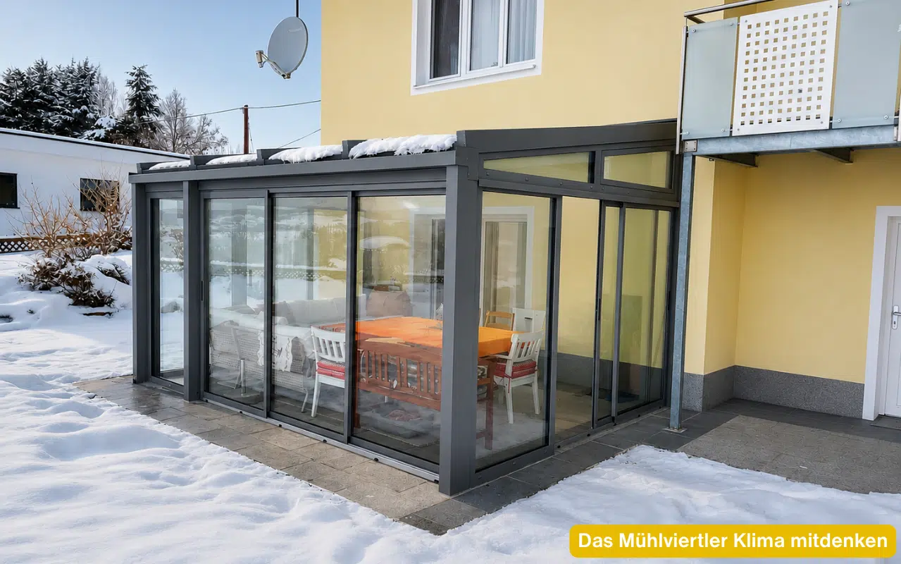 Das Mühlviertler Klima mitdenken Wintergarten mit wärmedämmender Verglasung und schneesicherer Aluminiumkonstruktion