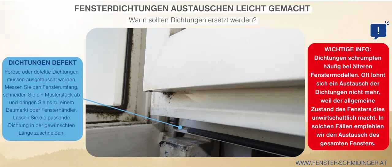 Defekte Dichtungen von alten Fenstern austauschen: Fensterumfang messen, Musterstück schneiden und passende Dichtung besorgen. Lassen Sie vorher aber noch prüfen, ob die Sanierung noch wirtschaftlich ist.