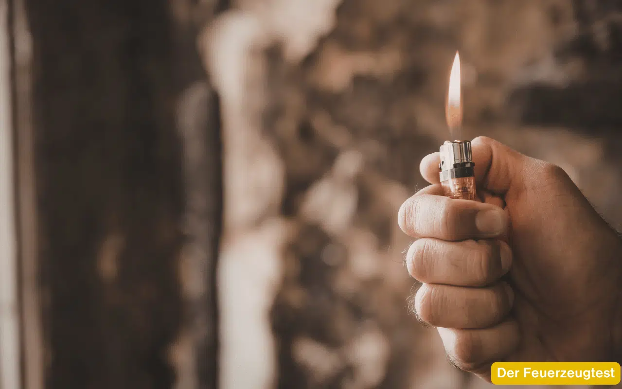 Der Feuerzeugtest zeigt eine Hand mit brennendem Feuerzeug zur Prüfung der Wärmeschutzbeschichtung am Fensterglas