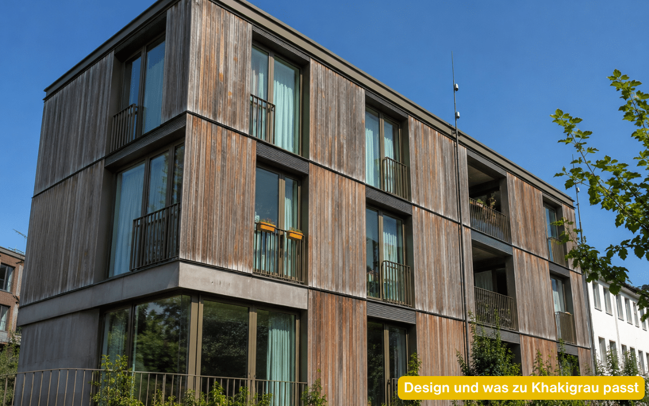 Design und was zu Khakigrau passt – modernes Stadthaus mit Holzfassade und Fensterrahmen in Khakigrau