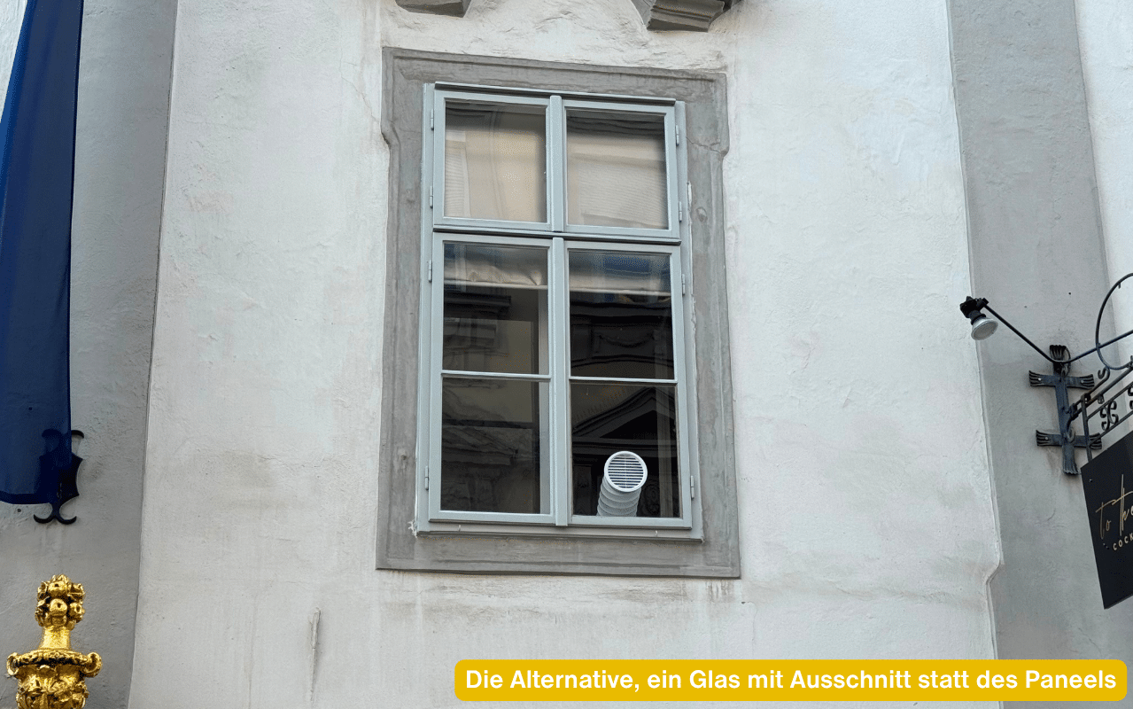 Die Alternative, ein Glas mit Ausschnitt statt des Paneels - Fenster mit Bohrung für den Abluftschlauch.