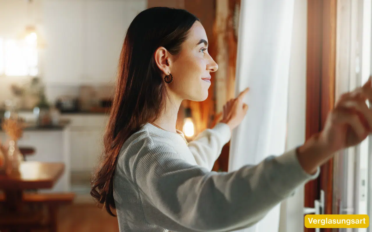 Die passende Verglasungart für Energieeffizienz zeigt eine junge Frau, die lächelnd aus dem Fenster blickt.